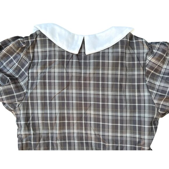 Vintage Style Plaid Dress Gothic Victorian Puff Sleeves White Collar Black Bow R - Picture 7 of 10